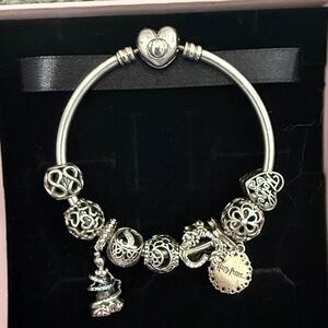 Pandora Silver Charm Bracelet with Red and Blue Accents